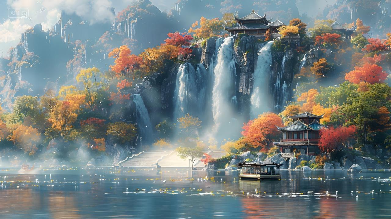 秋日瀑布山水风景壁纸中国旅游景点