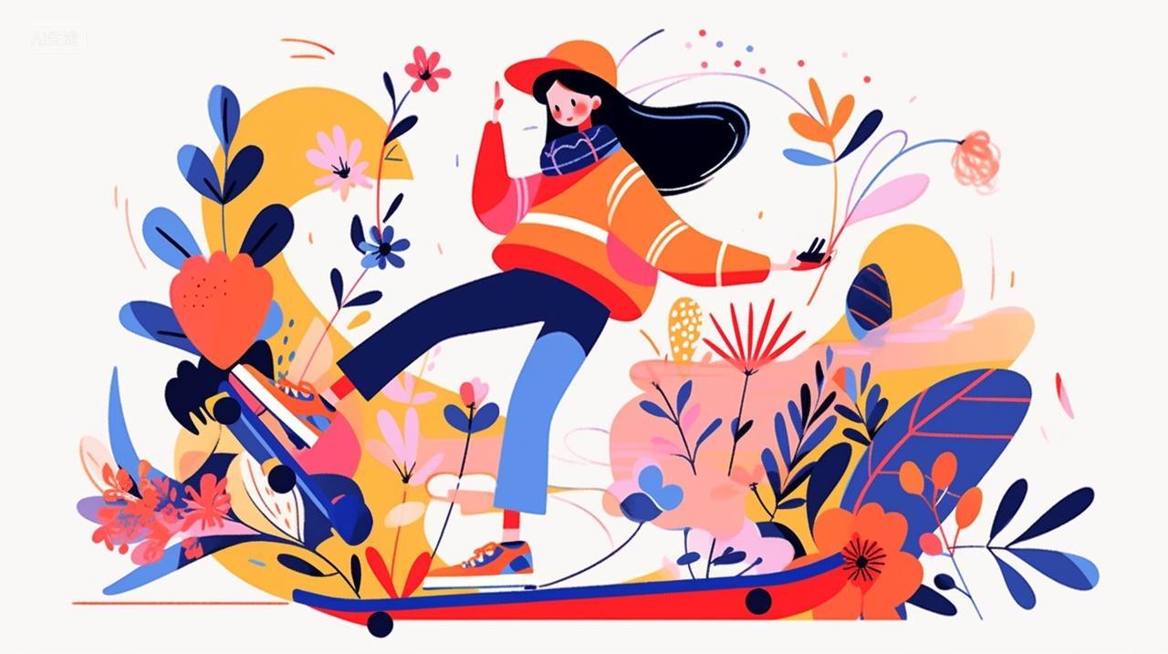 漂亮的小女孩在愉快的滑滑板开心快乐渐变背景古风可爱插画