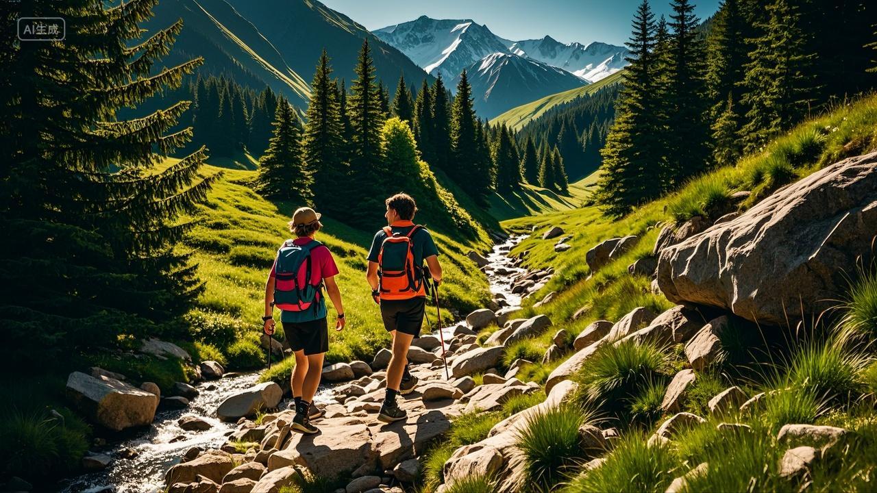 两人户外徒步旅行户外运动风景背景