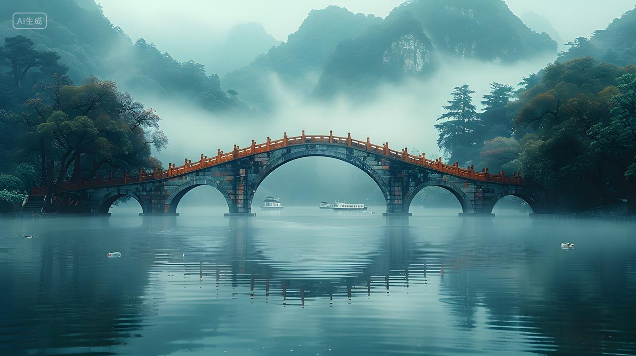 晨雾弥漫的古桥湖景风景壁纸