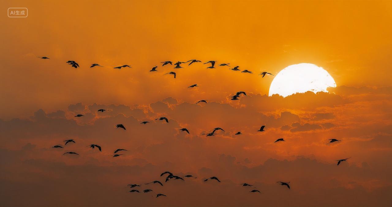 日落夕阳太阳飞鸟剪影自然风景壁纸