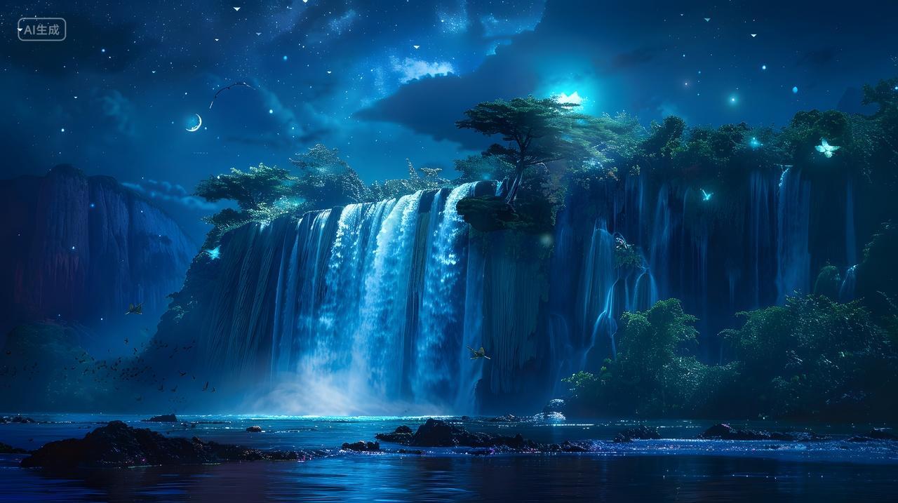 夜晚星空下的瀑布梦幻风景壁纸