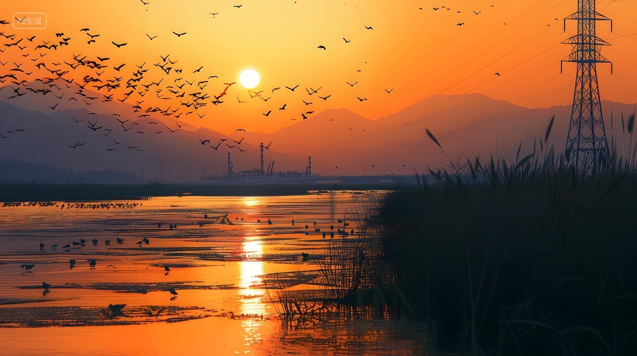 夕阳映照下飞鸟剪影湖畔风光摄影