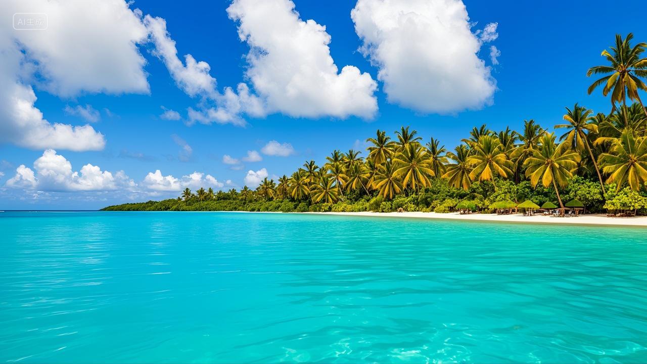 蓝天白云和蔚蓝色的大海热带海滩风景壁纸