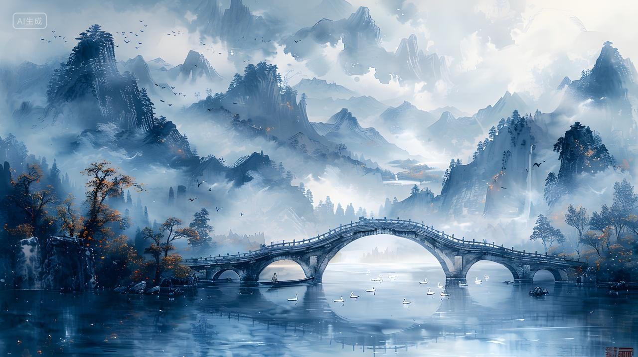 水墨山水画中的古桥与山川