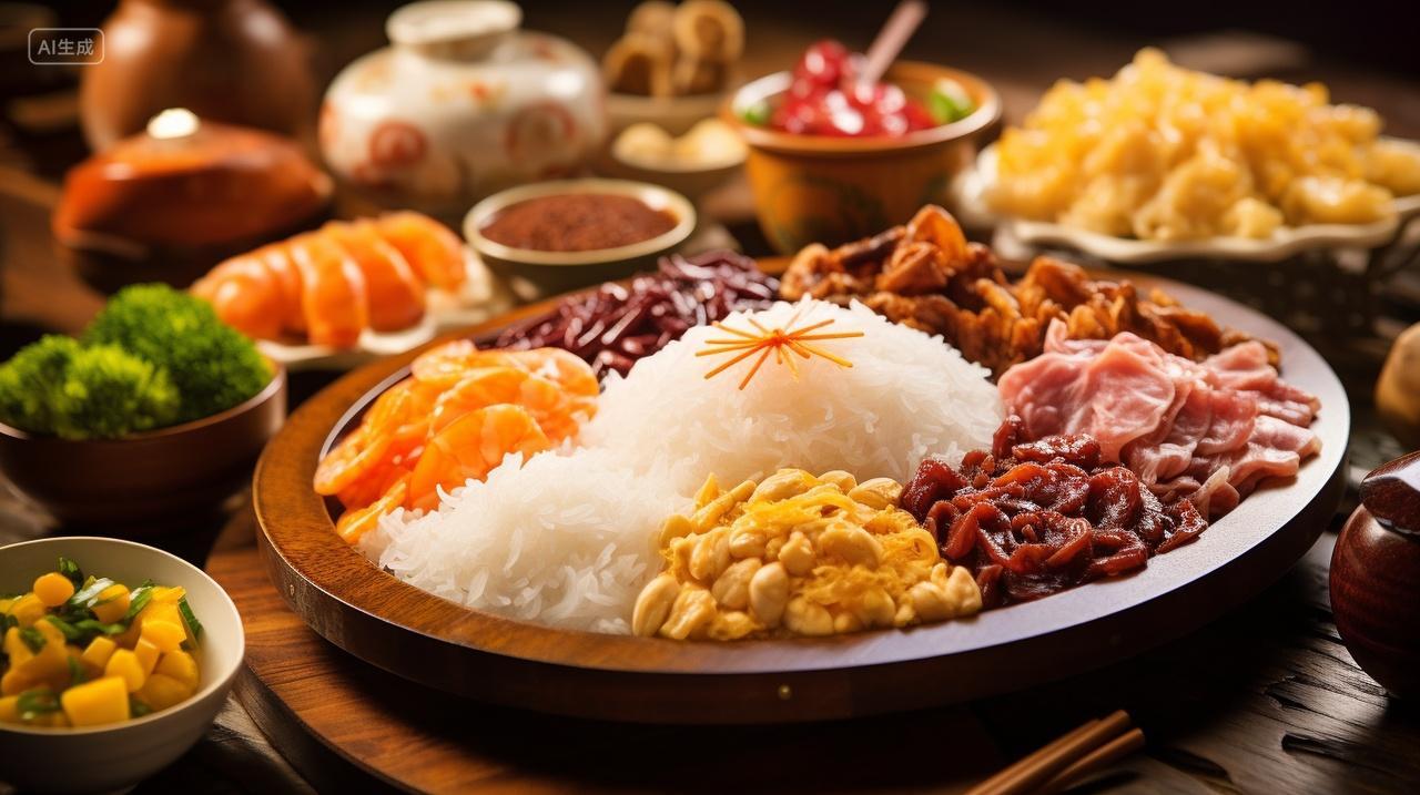 韶关糯米饭木制桌子上的各色美食背景