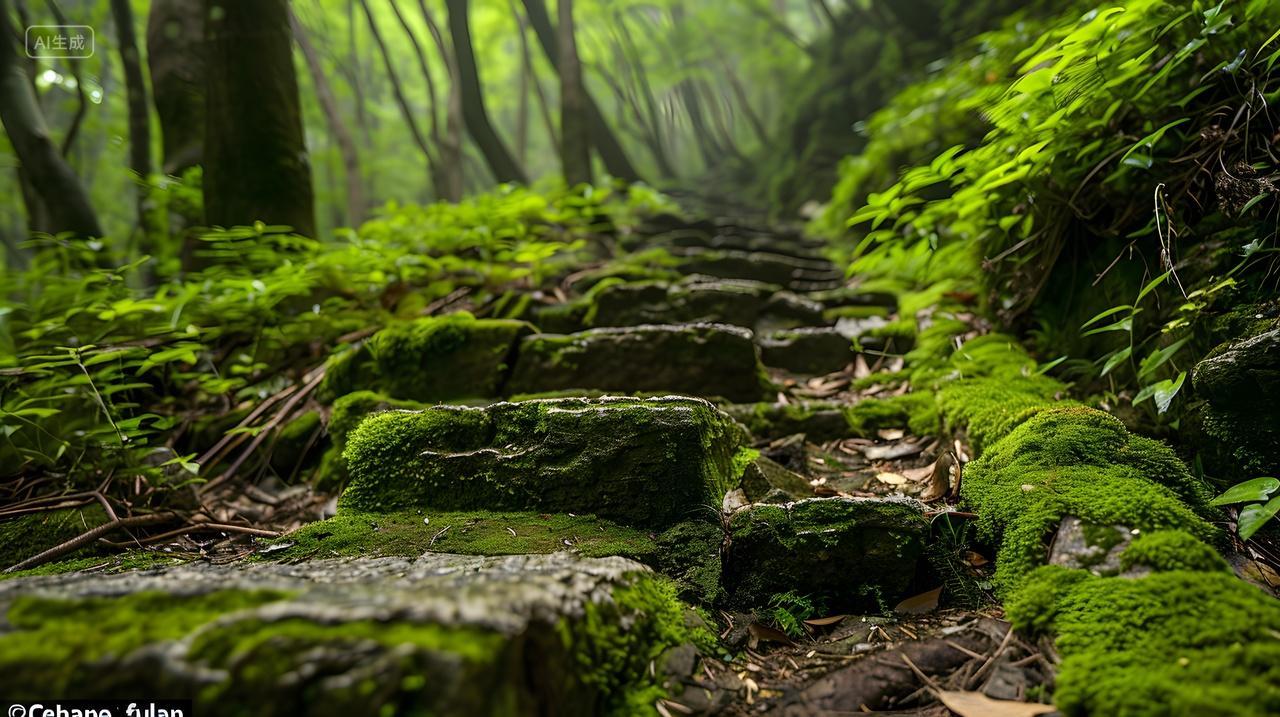 青苔覆盖的石阶森林小径