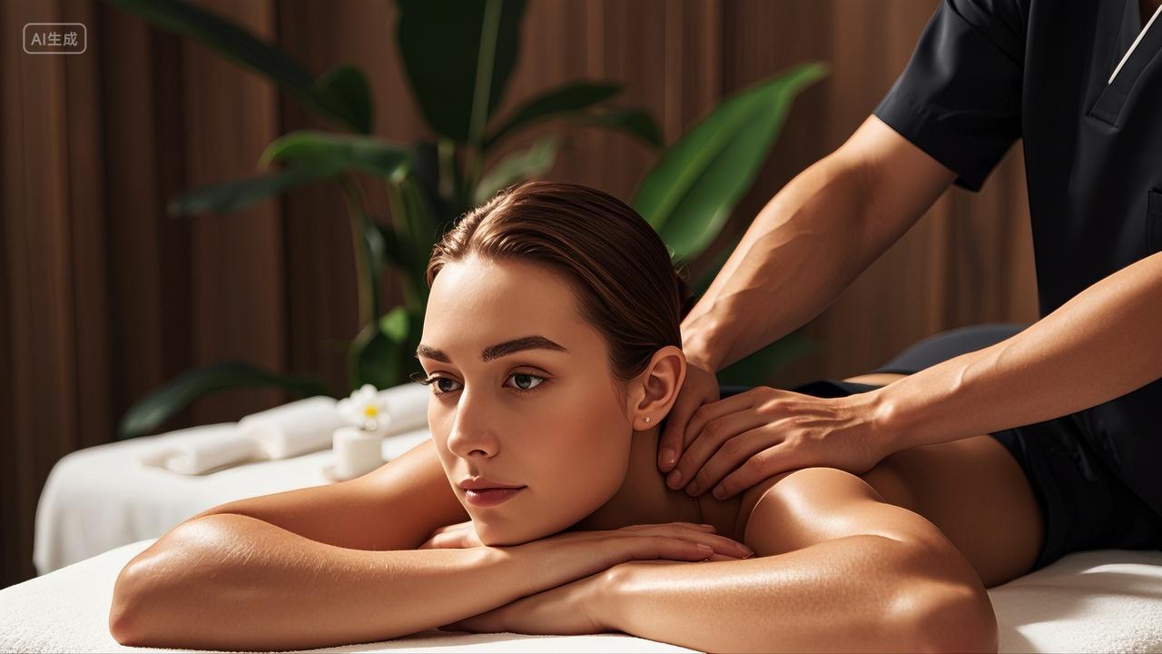 美女模特接受颈肩背部按摩美容养生