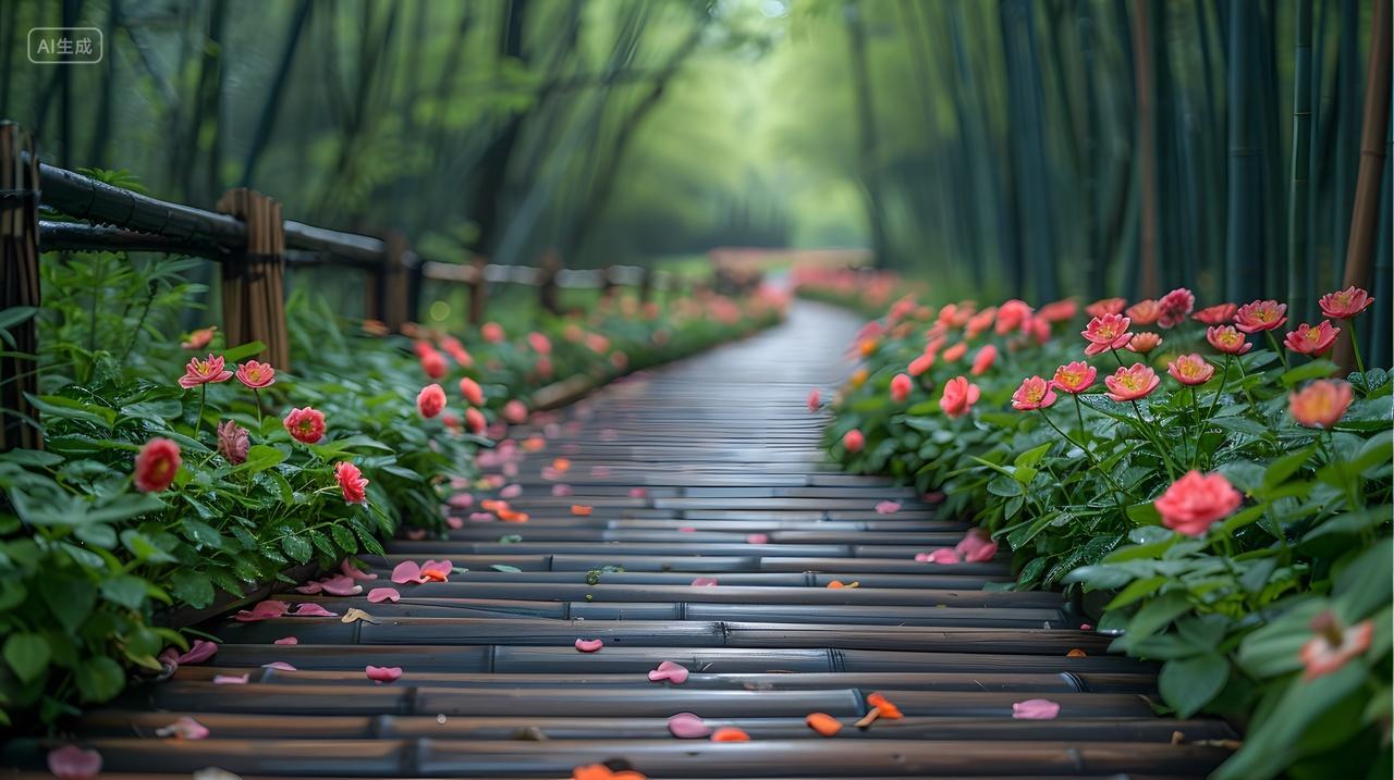 森林小径上的花卉美景壁纸