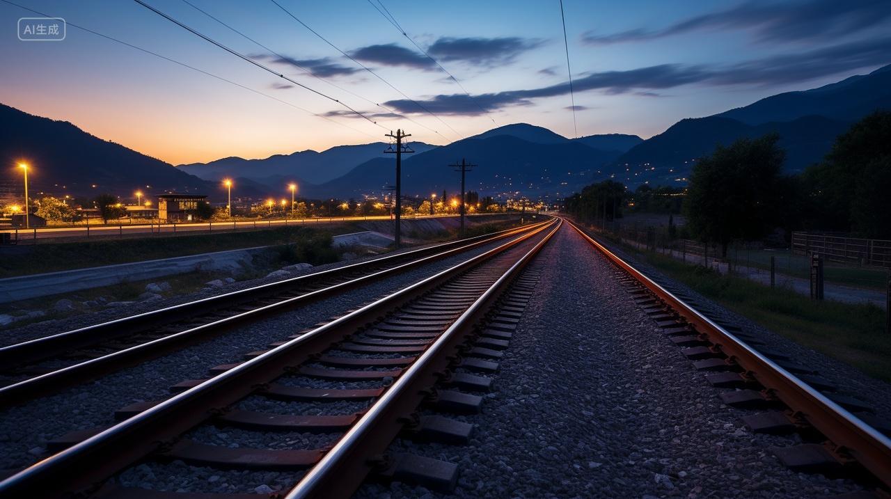 傍晚黄昏下延伸到远方的铁路铁轨交通运输中国速度