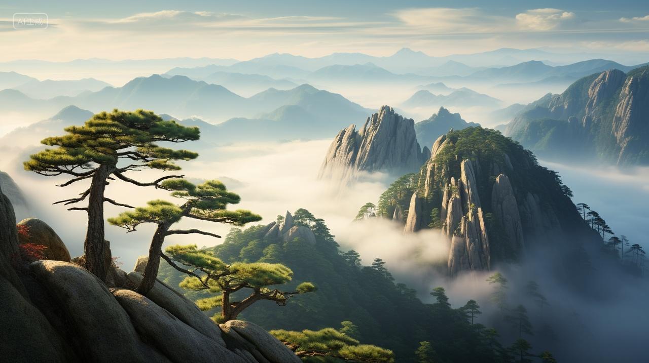 阳光下黄山山峰迎客松云海翻滚风景壁纸旅游