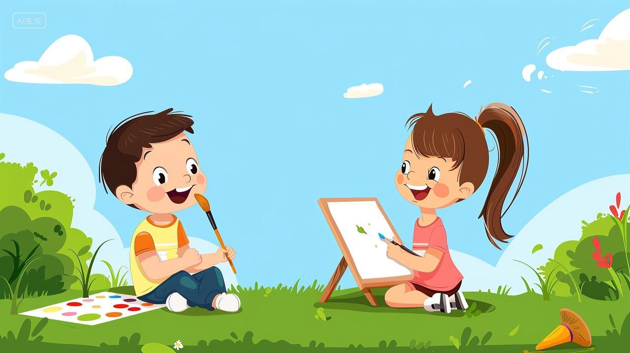 2个儿童在户外画画写生培训教育插画