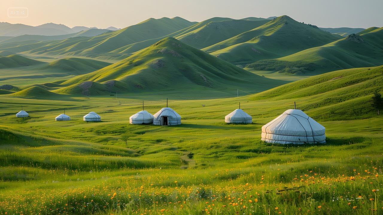 宁静草原上的蒙古包风光