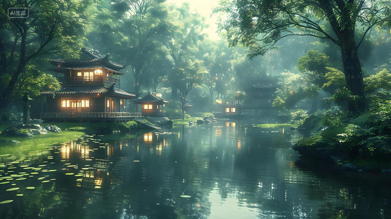 晨雾弥漫的湖畔中式庭院