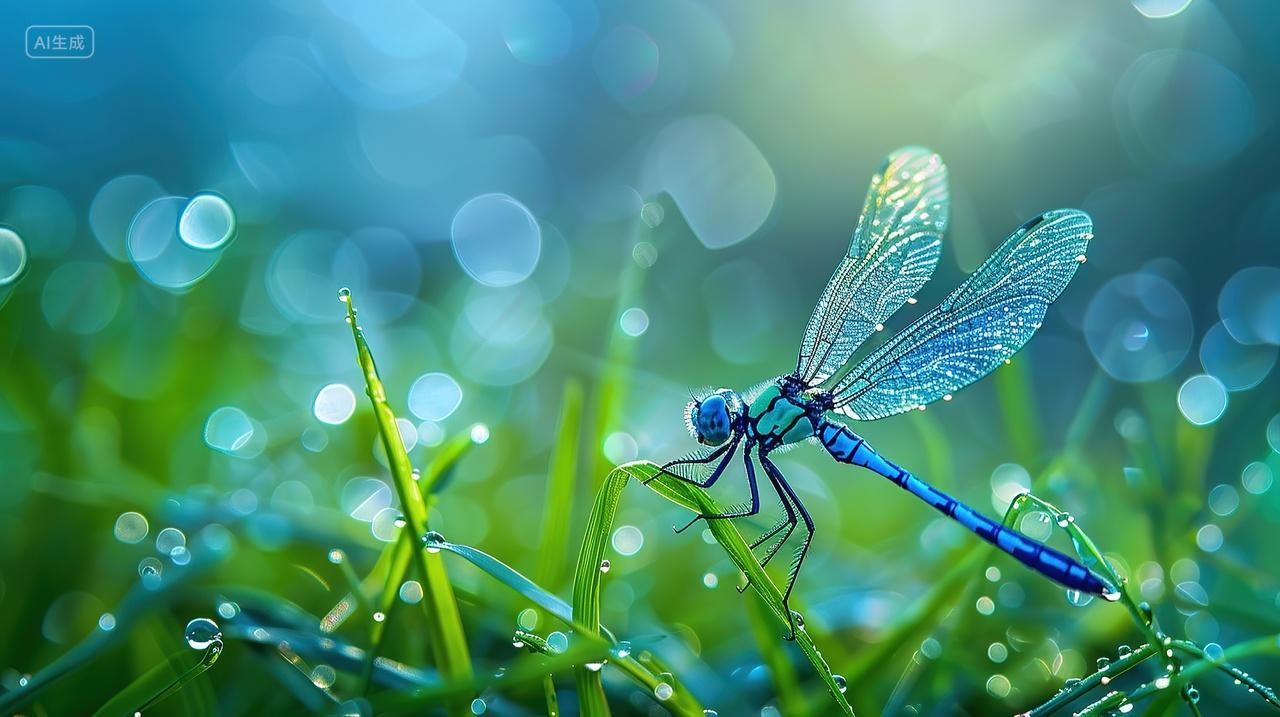 一只蜻蜓飞在叶子上蓝色唯美二十四节气