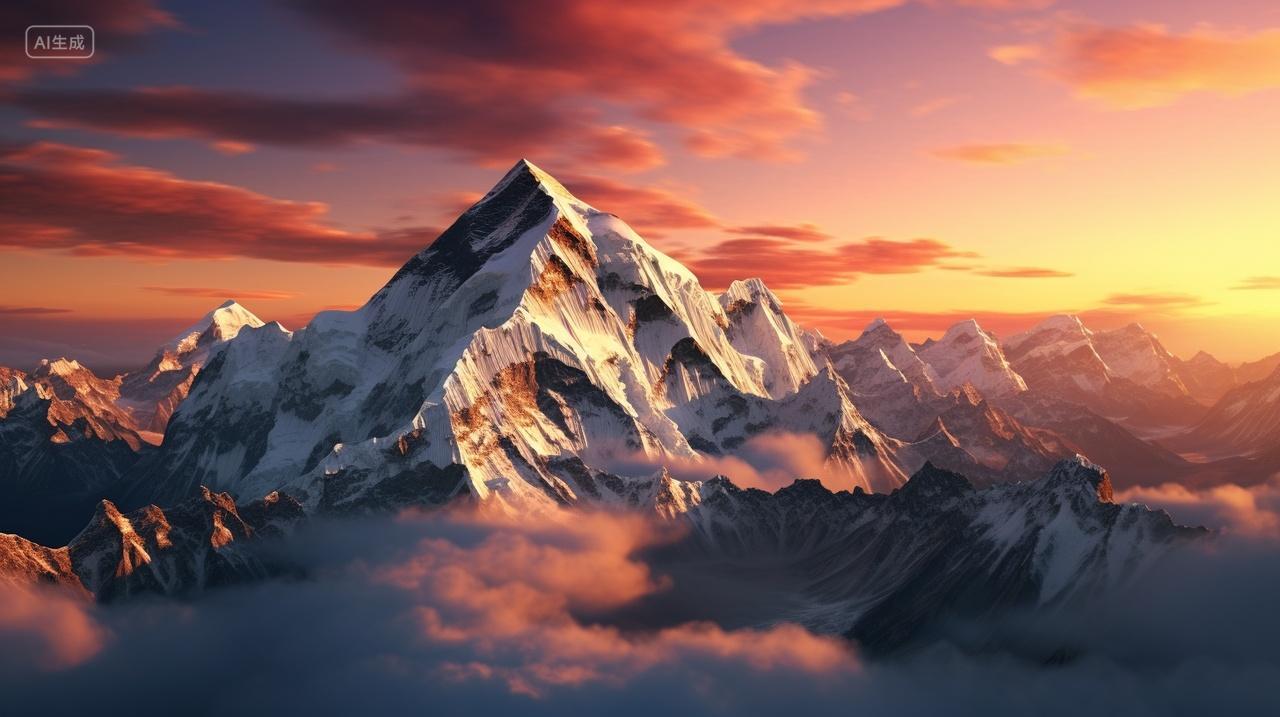 中国珠穆朗玛峰世界第一高峰雪山日照金山雪景风景