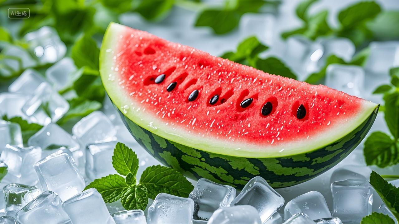 夏天放在在冰块上冰镇的西瓜新鲜水果冰镇西瓜片