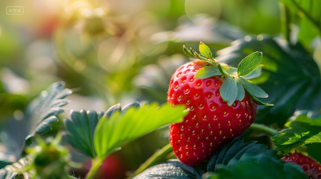 夏日鲜嫩水果园中的新鲜草莓