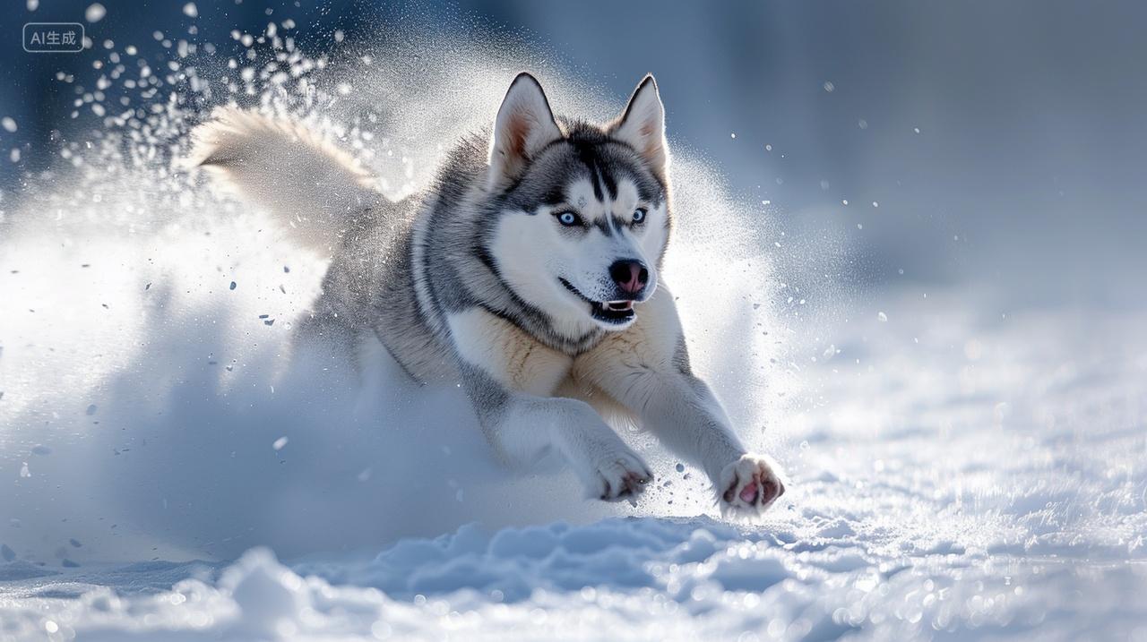 哈士奇在雪中奔跑狗子宠物二哈蓝眼睛雪橇犬动物