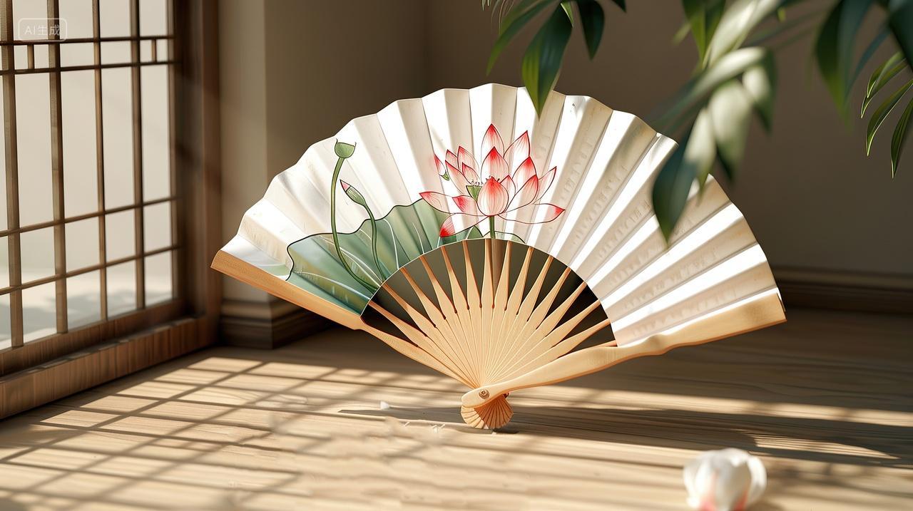 地上放着一把国风扇子