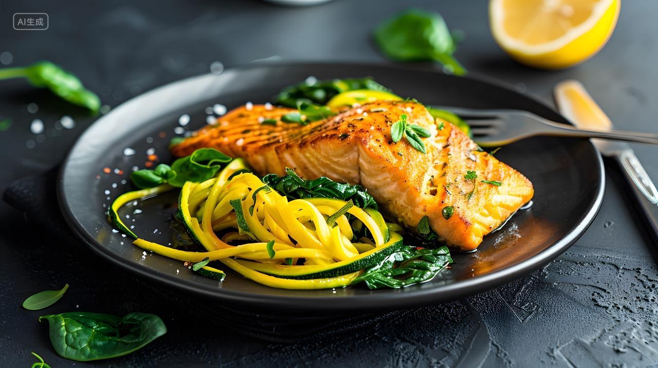 美味健康的烤三文鱼配黄瓜意大利面