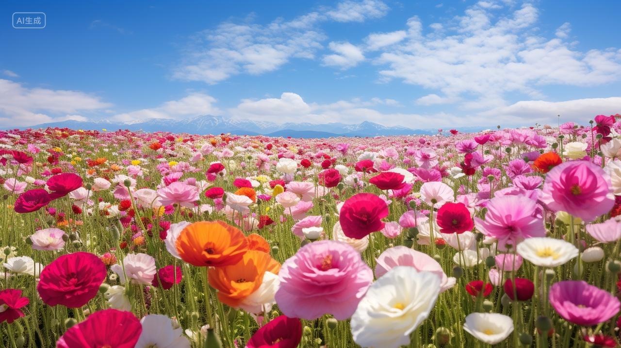 蓝天白云下的花海五彩斑斓花卉风景