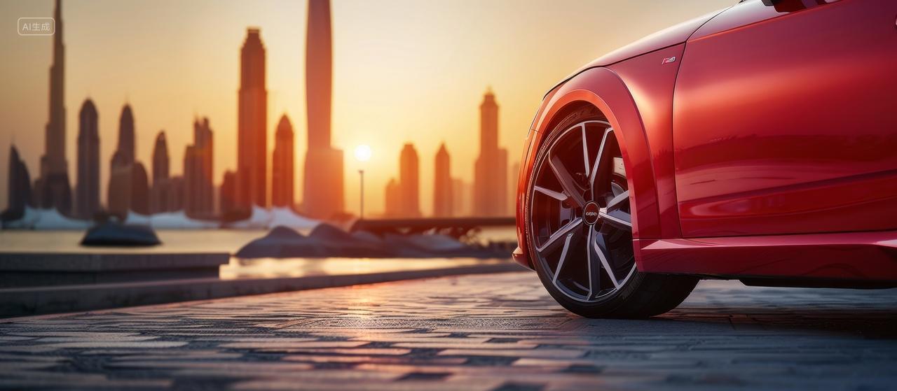 汽车广告概念背景，夕阳下停在江边楼宇的红色汽车