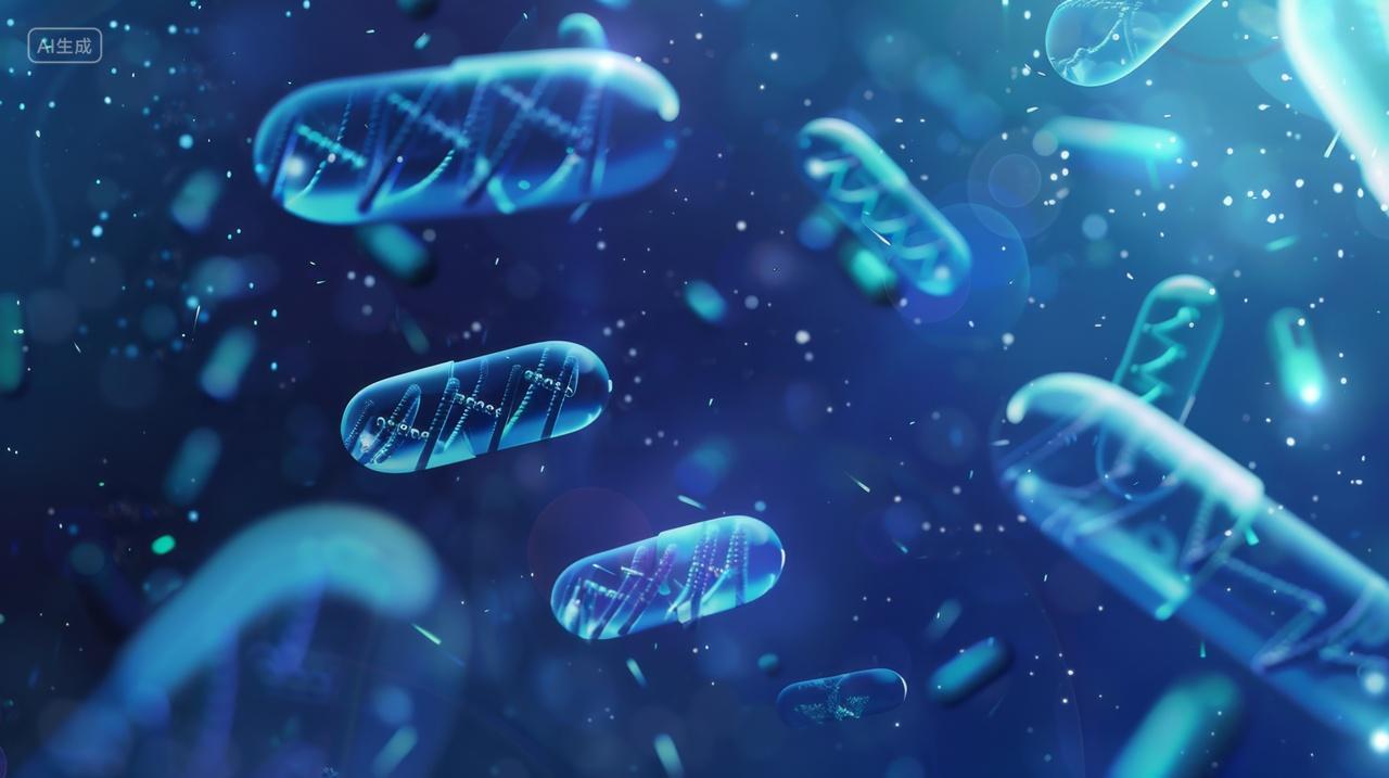 医疗科技蓝色背景下的DNA螺旋结构与药物胶囊