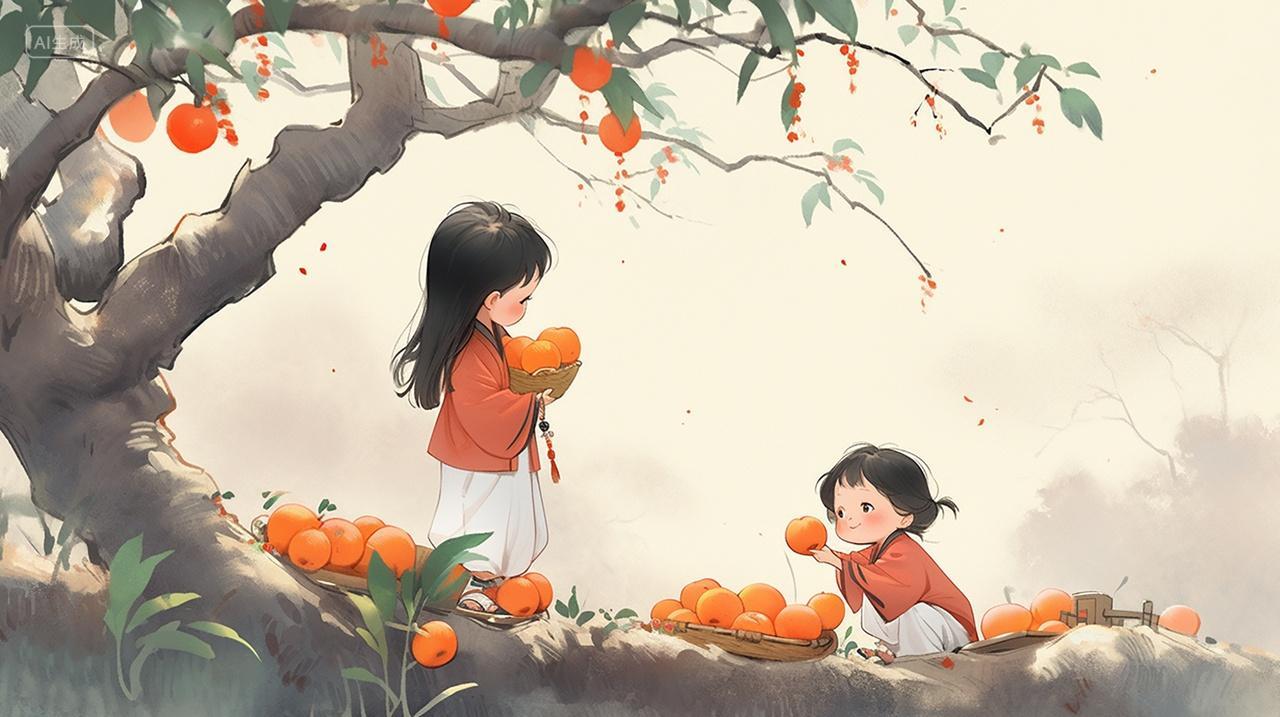 霜降大雪背景插画壁纸柿子动漫冬季素材插画国风古风冬天