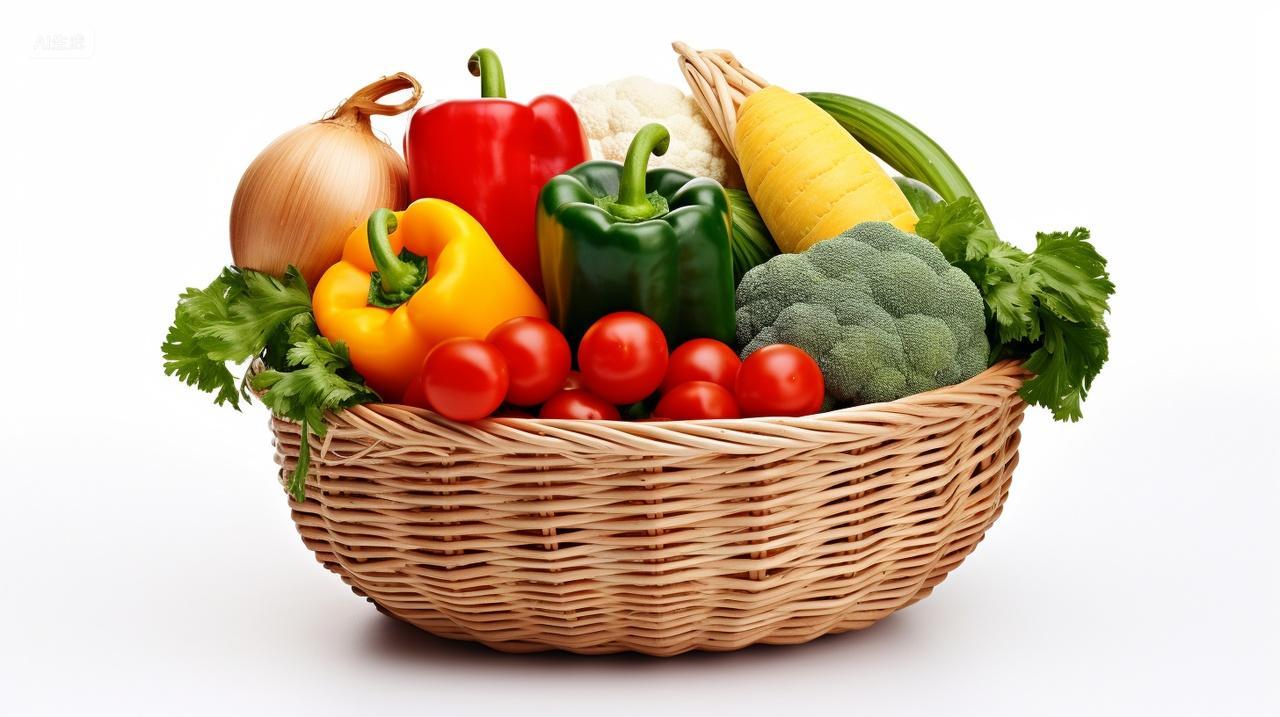 新鲜蔬菜白底一筐竹篮蔬菜各种新鲜有机蔬菜组合