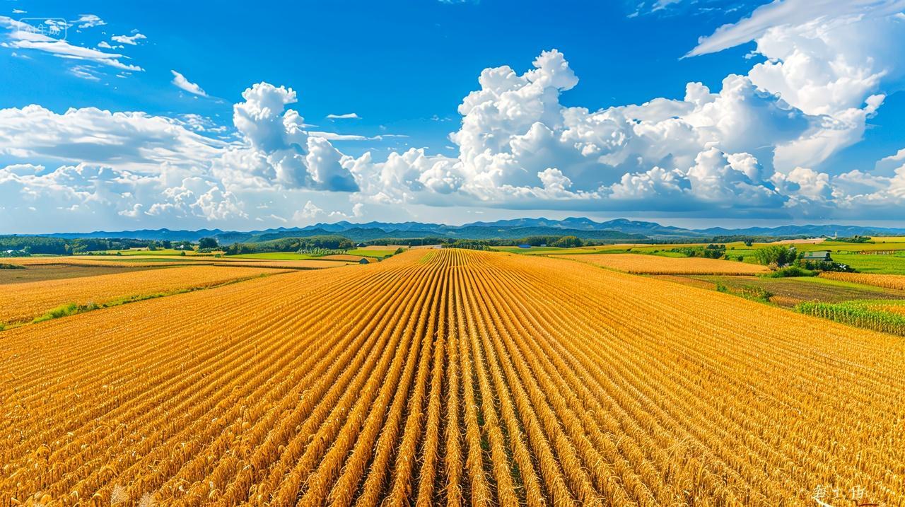 蓝天白云下金色玉米地丰收