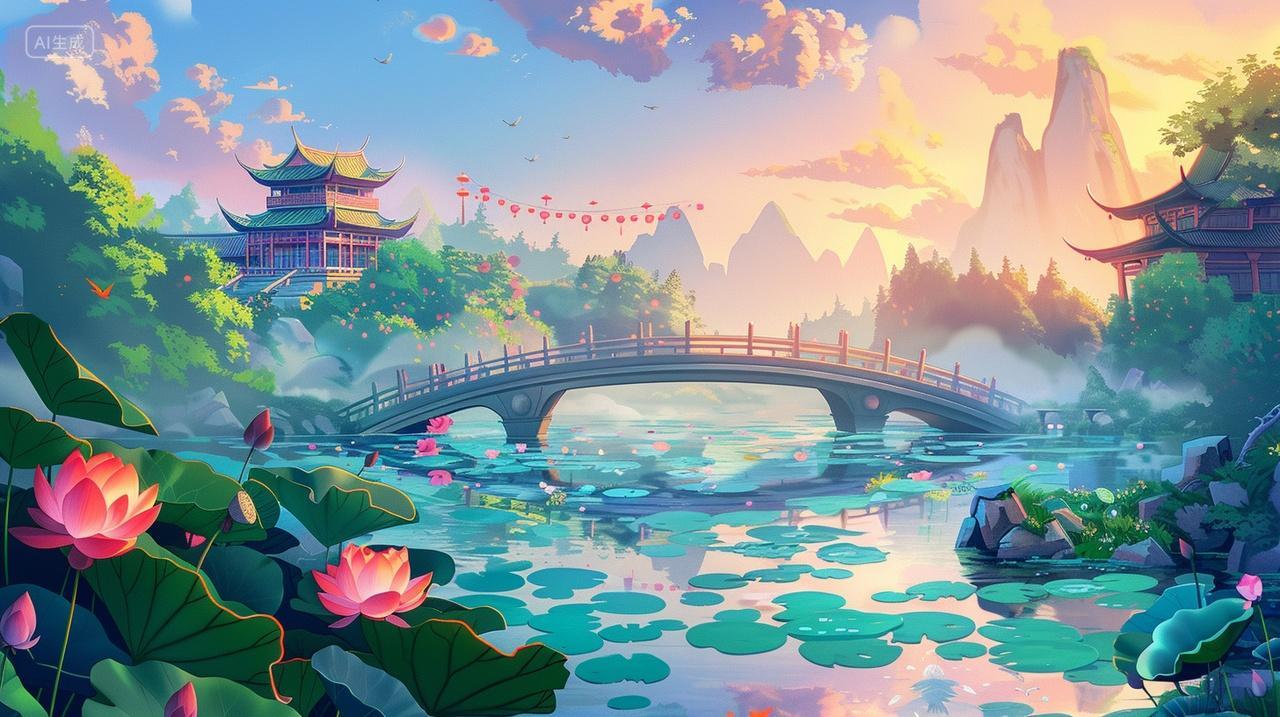 二十四节气夏至荷塘荷花荷叶拱桥阁楼古风插画背景