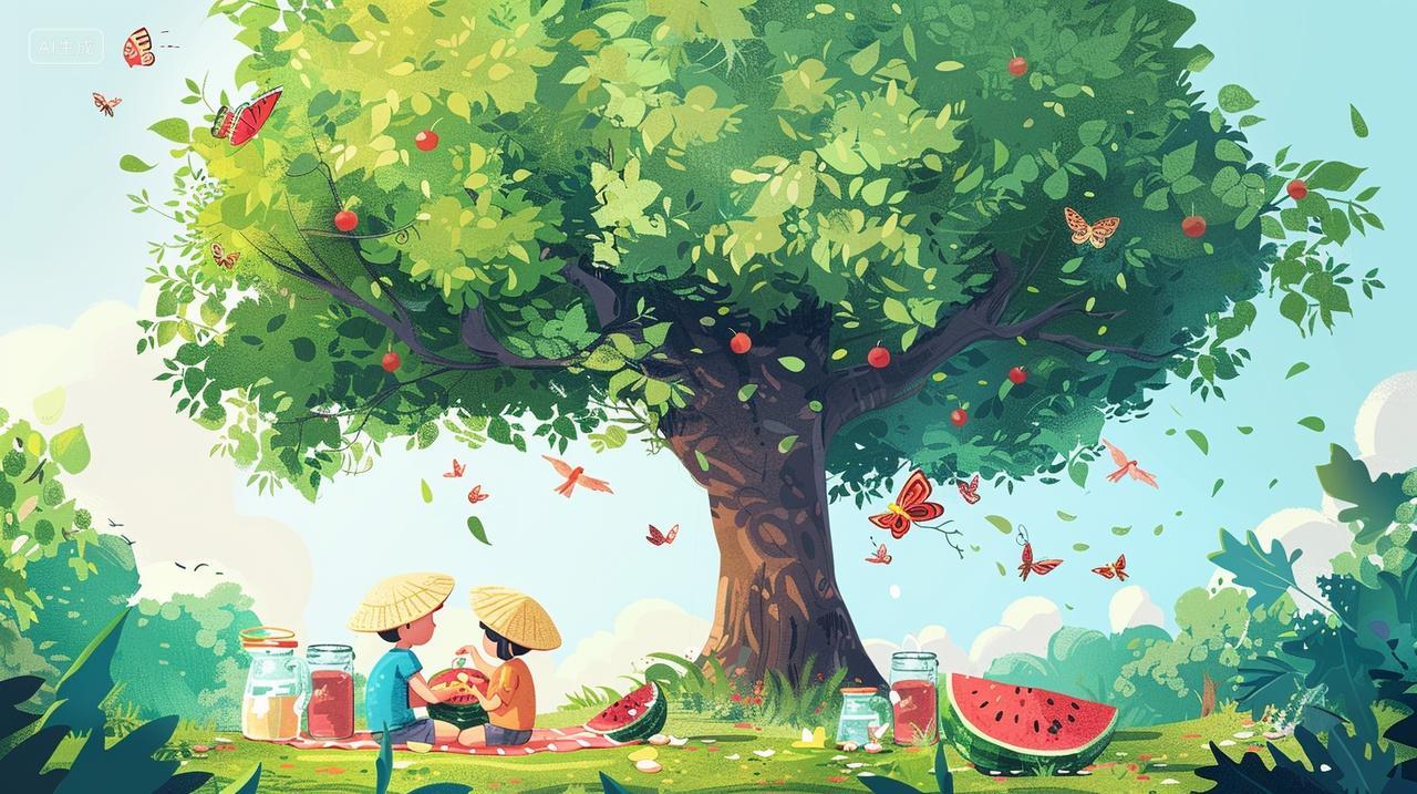卡通树下儿童露营野餐吃西瓜小暑大暑立夏夏至夏天插画壁纸