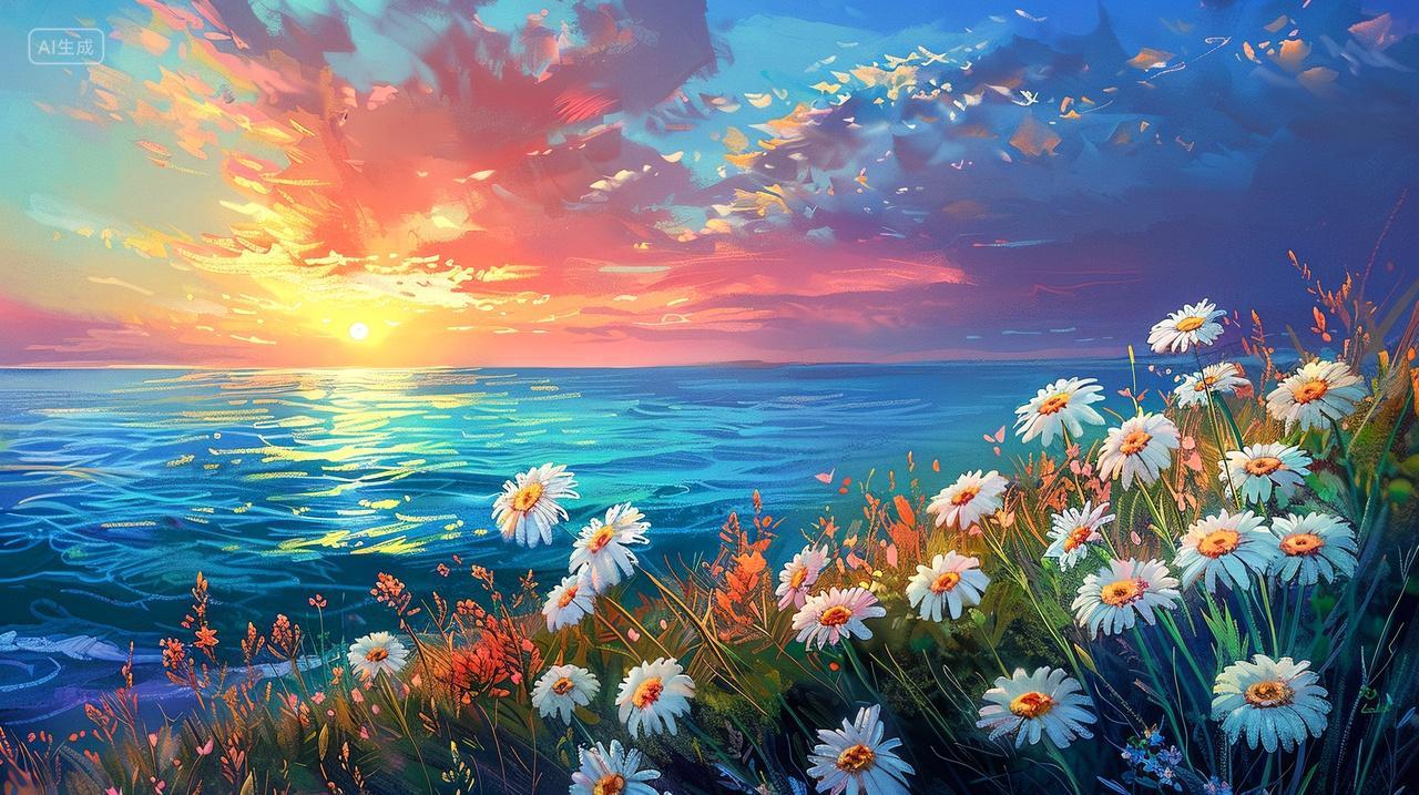 夕阳海边,雏菊轻舞