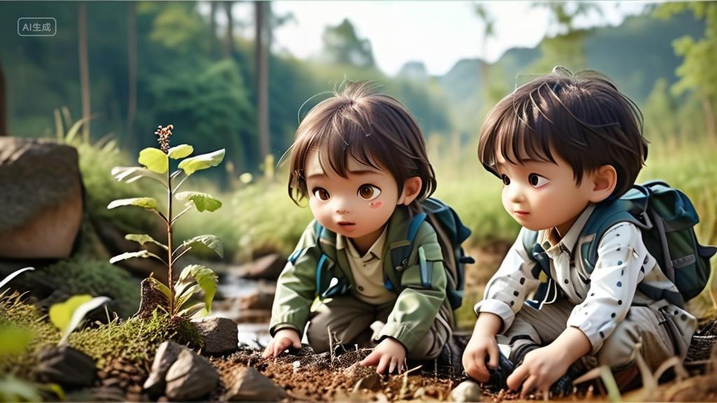 夏令营户外活动种树植树探索自然研学教育3D卡通插画