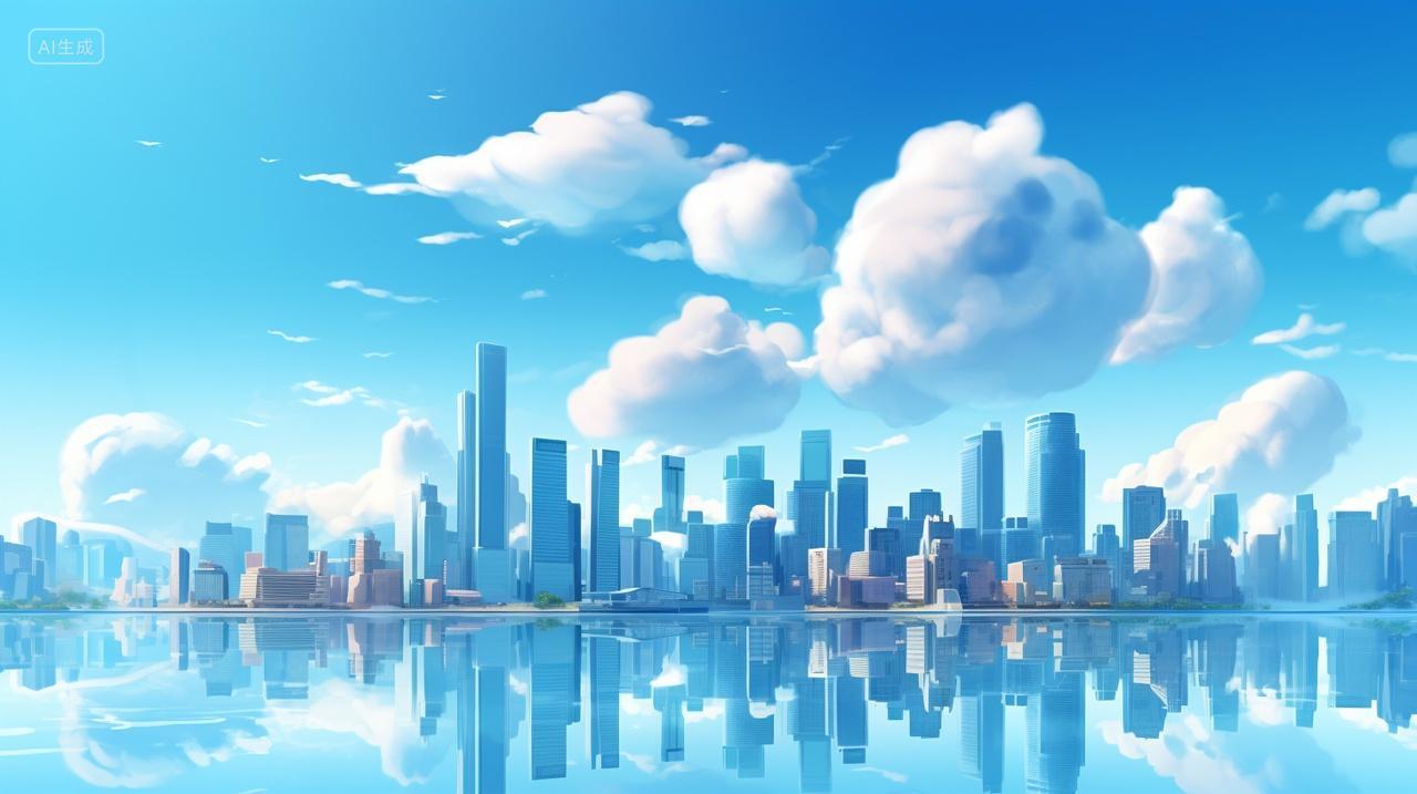 城市天空白云湖泊海报壁纸背景插画