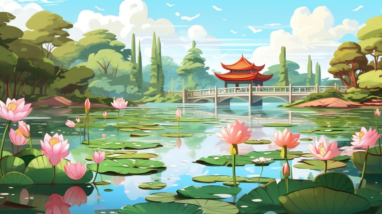 二十四节气夏至夏季荷花荷叶荷塘插画背景