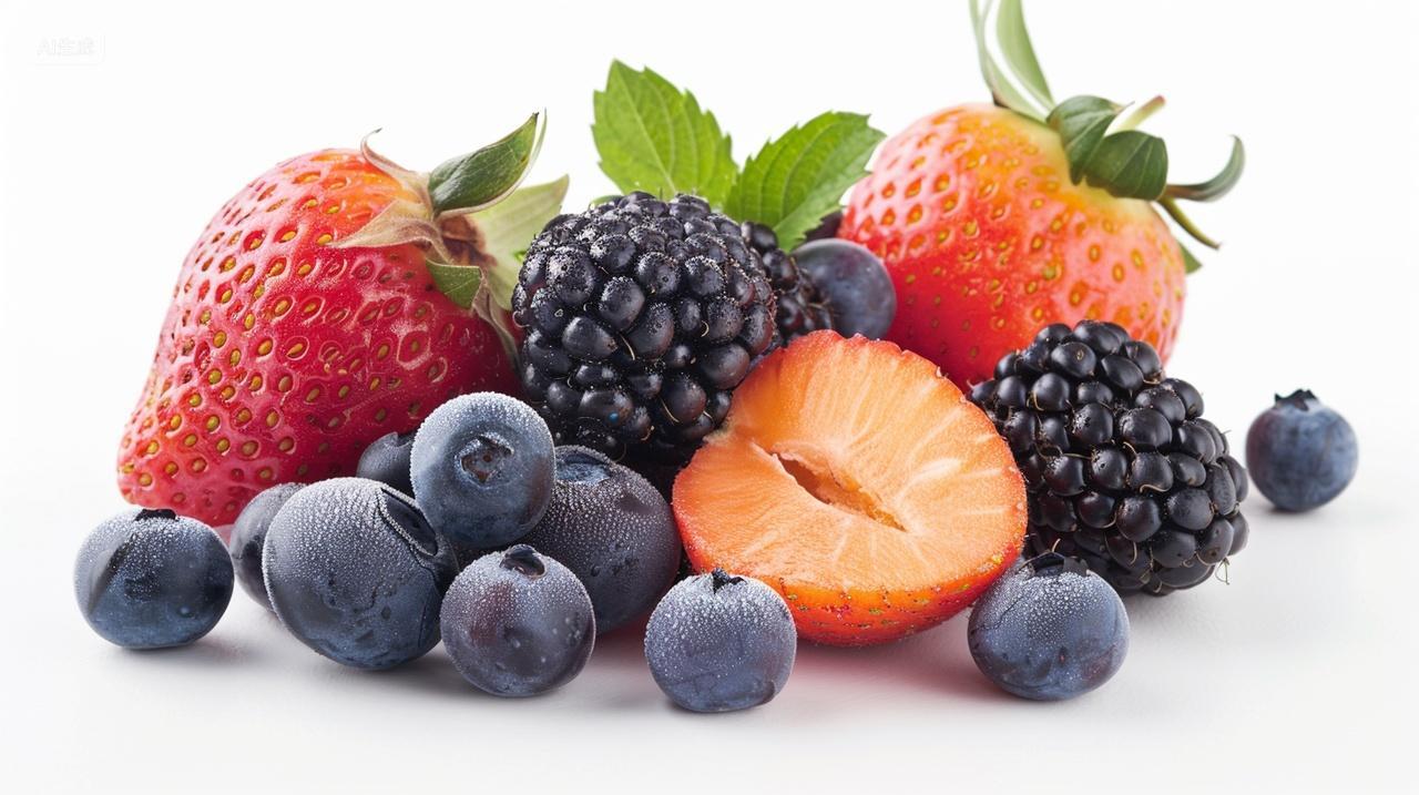 白底新鲜水果一堆水果堆放组合草莓桑葚蓝莓夏季时令水果
