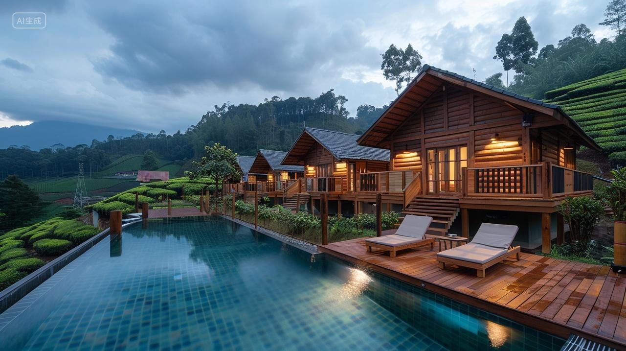 乡间风景农家乐农舍木屋游泳池茶园林间风景背景