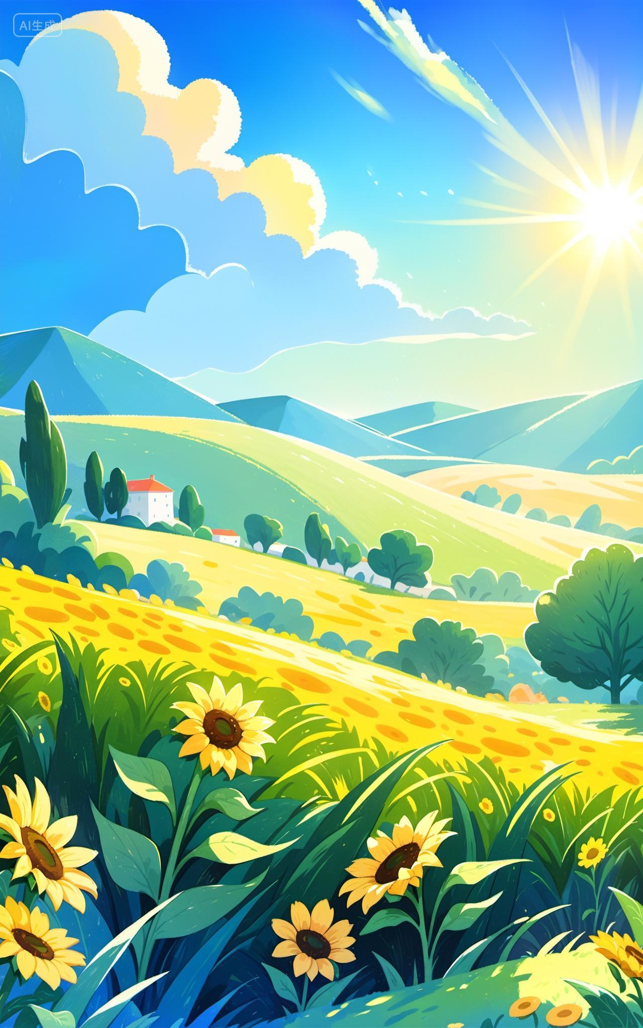 唯美治愈向日葵花海天空插画