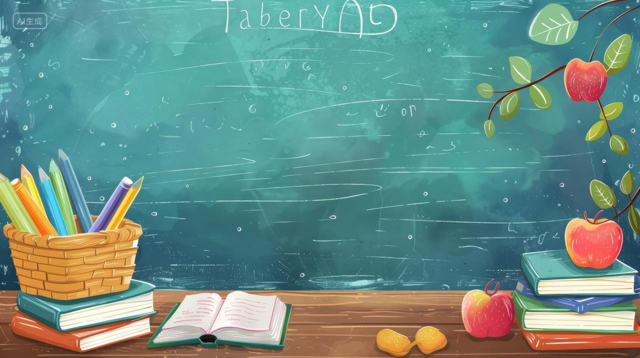 课桌上的文具书本和黑板