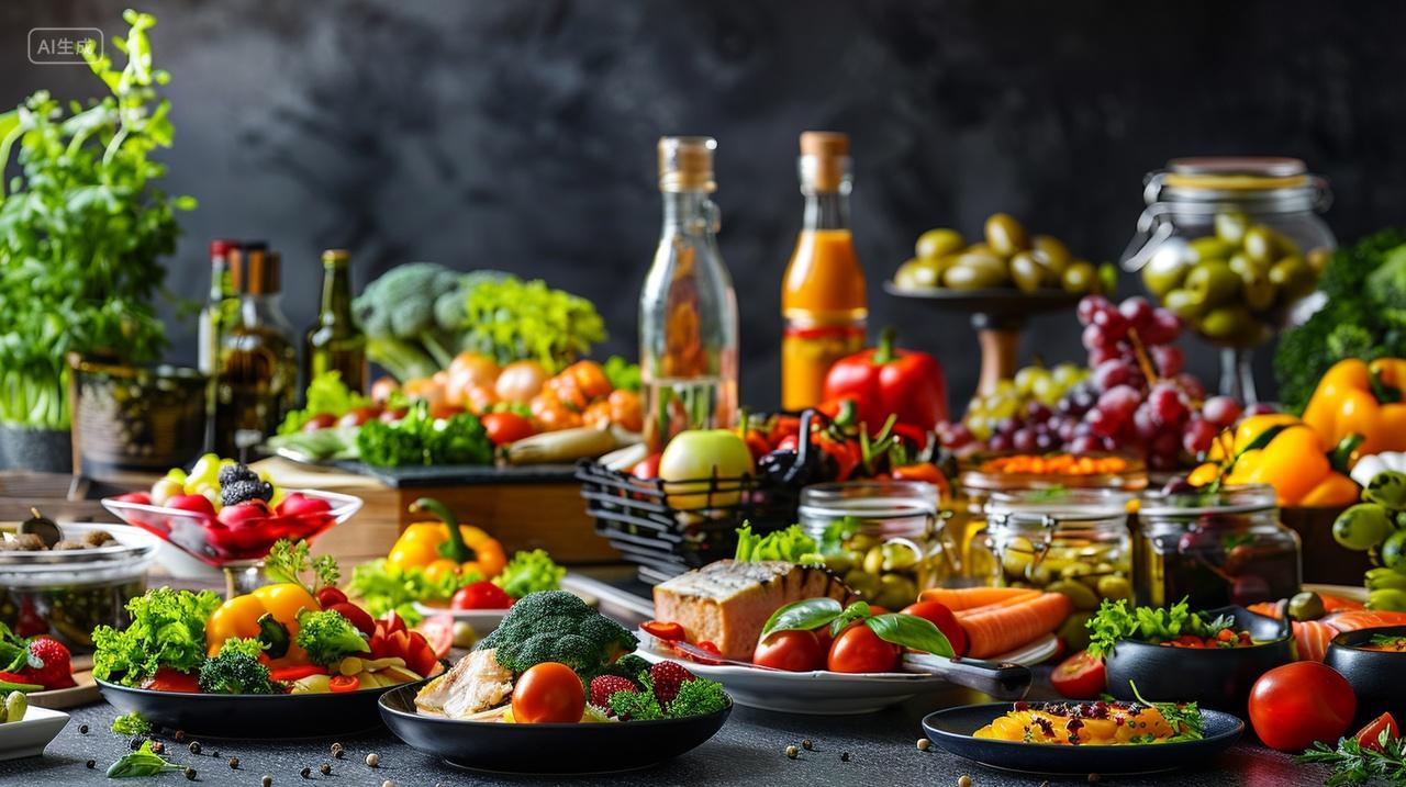 餐饮美食写真桌面上的各种美食新鲜水果蔬菜背景