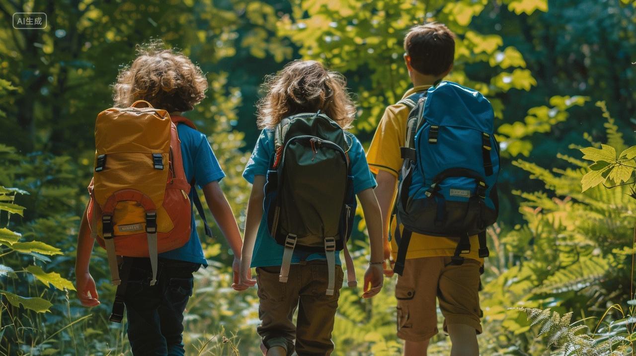 夏令营户外大自然活动三个孩子背着双肩包在森林中行走研学教育