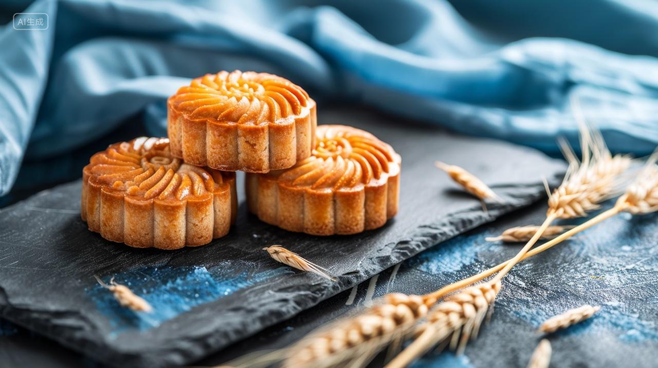 中秋节传统美食，月饼搭配中国风蓝布和麦穗