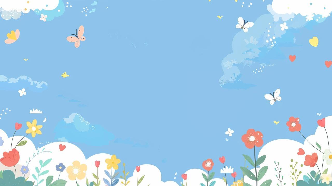 可爱的儿童卡通插画，飞舞的蝴蝶和花草