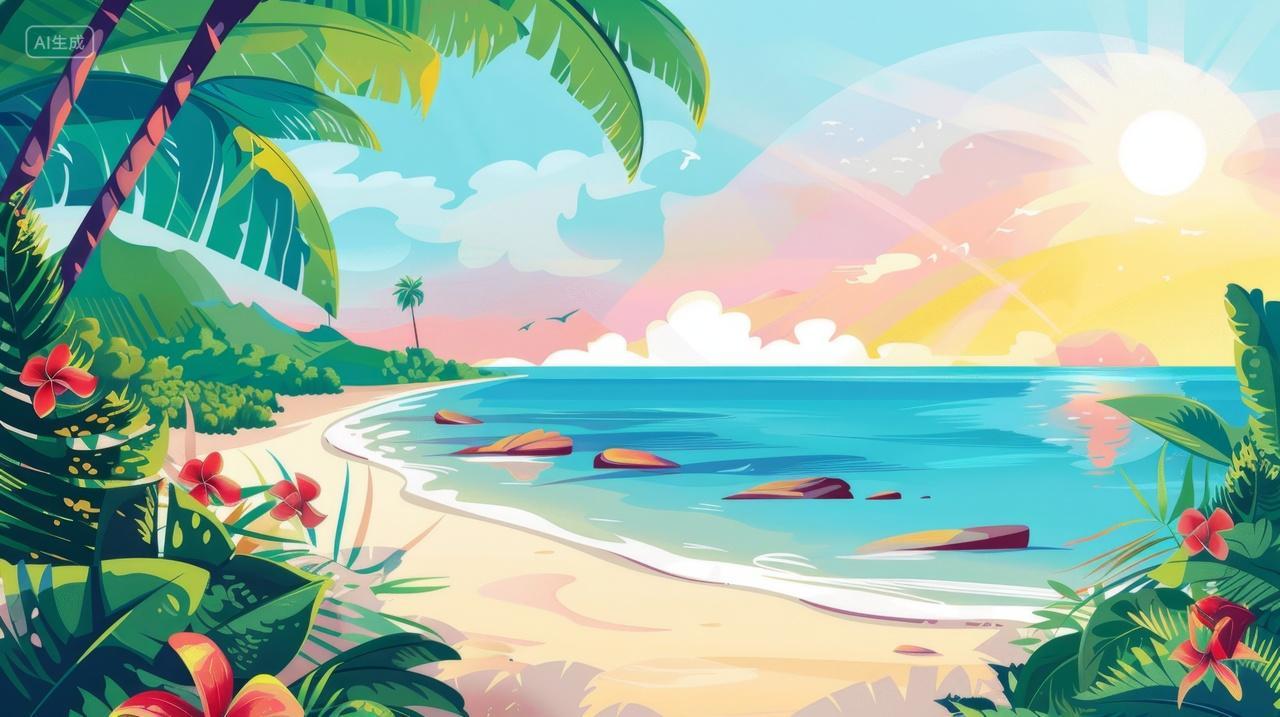 夏日风情插图，沙滩海岸和棕榈树