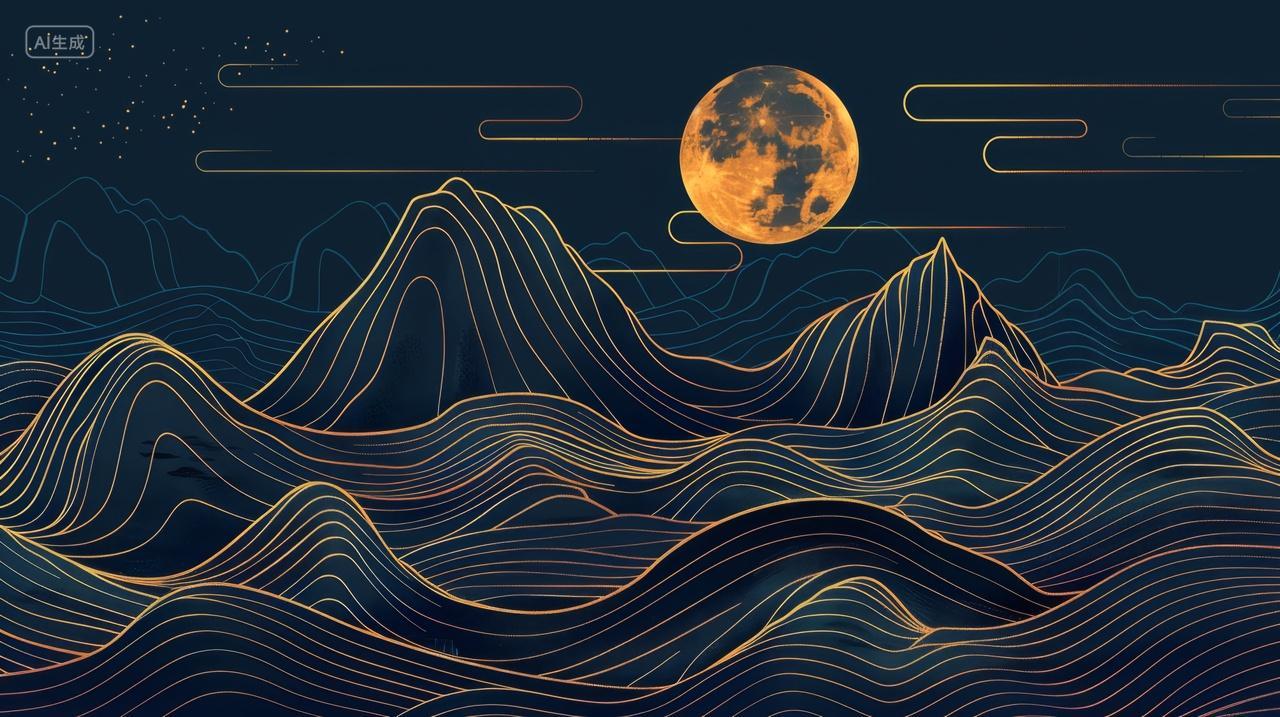 新中式中秋月亮山水风景