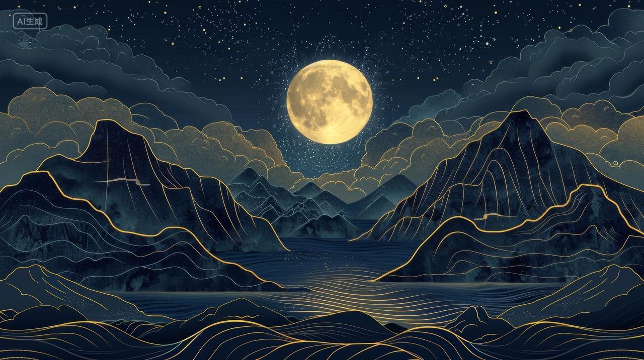 新中式中秋月亮山水风景