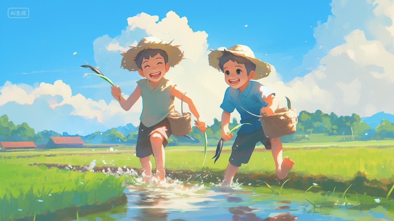 友谊田园抓鱼开心夏至春天戏水小溪小朋友蓝天白云