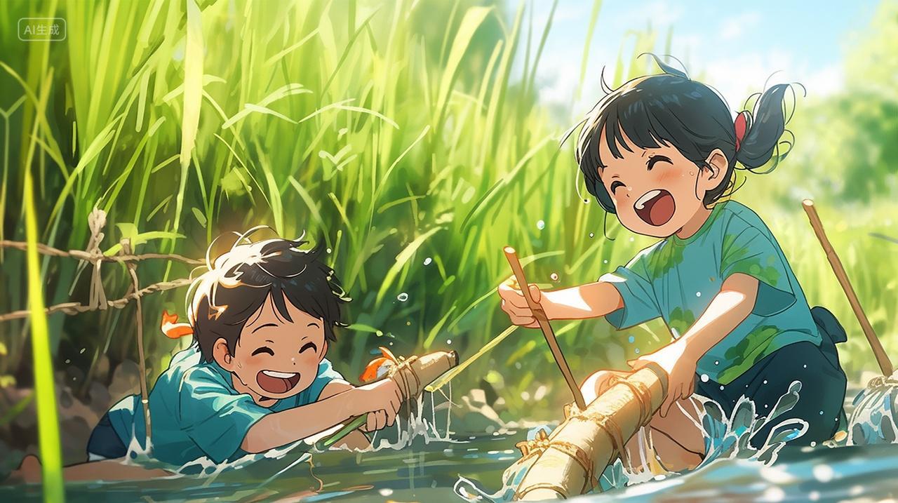 友谊田园抓鱼开心夏至春天戏水小溪小朋友